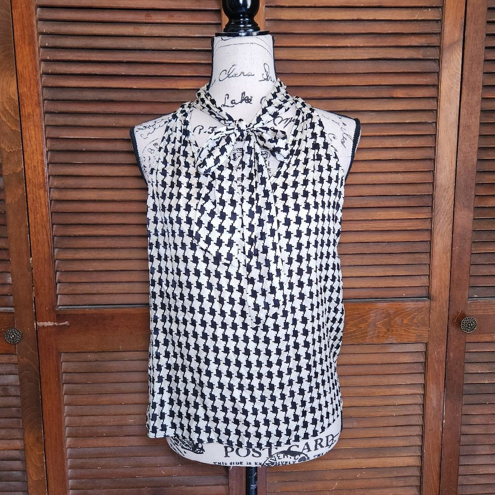 Alice & Trixie Silk Neck Tie Houndstooth Sleeveless Top Black Cream Womens XS